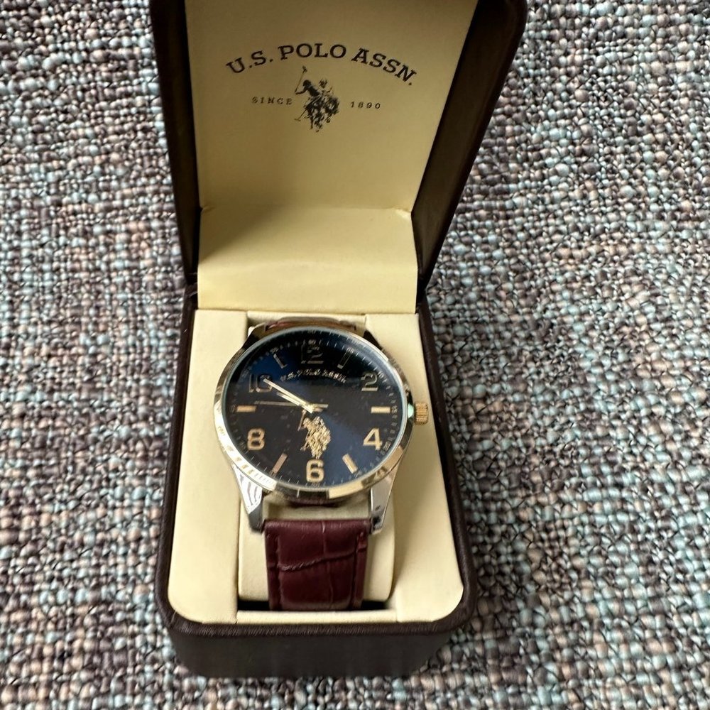 NEW US POLO ASSN. MENS Blue Dial With Leather Crocodile Strap Watch
